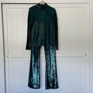 Zara Green Sequin Turtle Neck Top & Matching Pants (XS both)